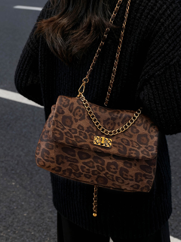 Kaka's House Casual Retro Leopard Print Lančana Crossbody Torba, Velur Materijal, Srednja Veličina, Ženska Dnevna Torba, Ljeto 2025