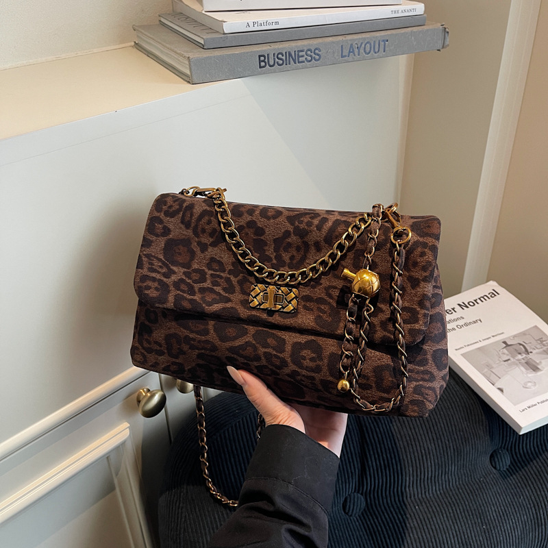 Kaka's House Casual Retro Leopard Print Lančana Crossbody Torba, Velur Materijal, Srednja Veličina, Ženska Dnevna Torba, Ljeto 2025