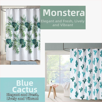 Cortină de duș cu imprimeu Monstera deliciosa și cactus albastru, poliester impermeabil, partea de jos cu greutate, cârlige din plastic
