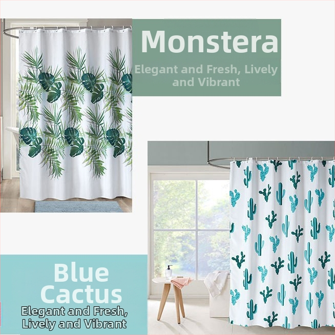 Cortină de duș cu imprimeu Monstera deliciosa și cactus albastru, poliester impermeabil, partea de jos cu greutate, cârlige din plastic