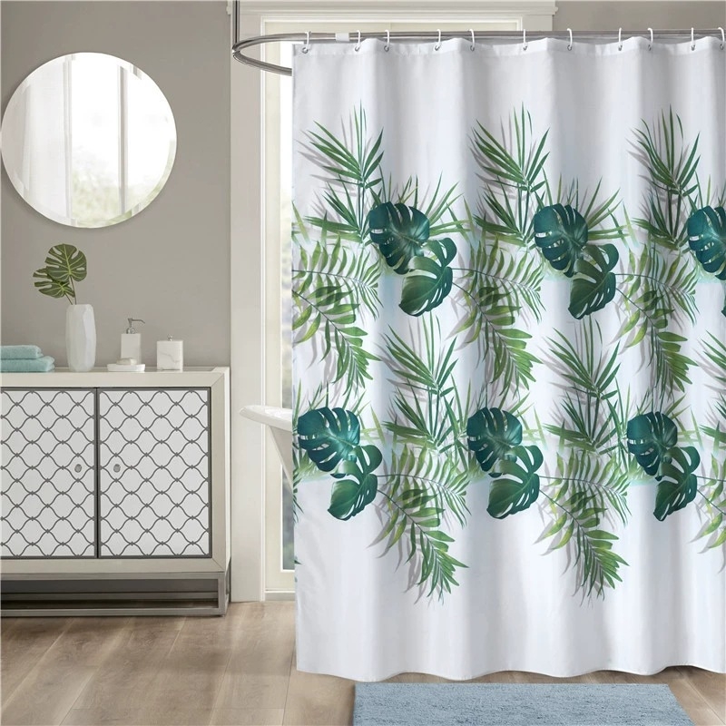 Cortină de duș cu imprimeu Monstera deliciosa și cactus albastru, poliester impermeabil, partea de jos cu greutate, cârlige din plastic