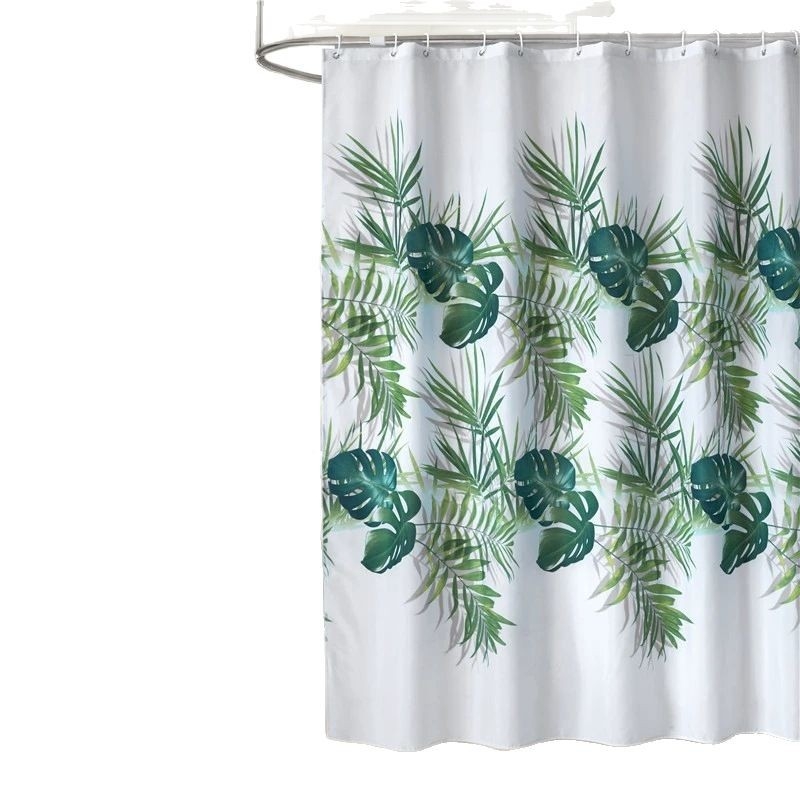 Cortină de duș cu imprimeu Monstera deliciosa și cactus albastru, poliester impermeabil, partea de jos cu greutate, cârlige din plastic