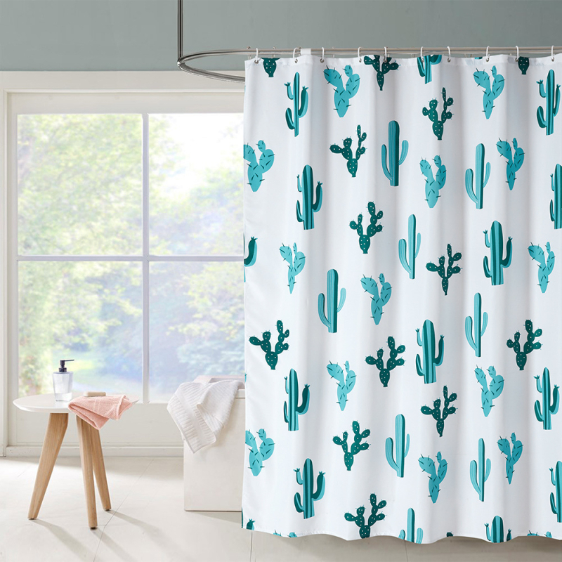 Cortină de duș cu imprimeu Monstera deliciosa și cactus albastru, poliester impermeabil, partea de jos cu greutate, cârlige din plastic