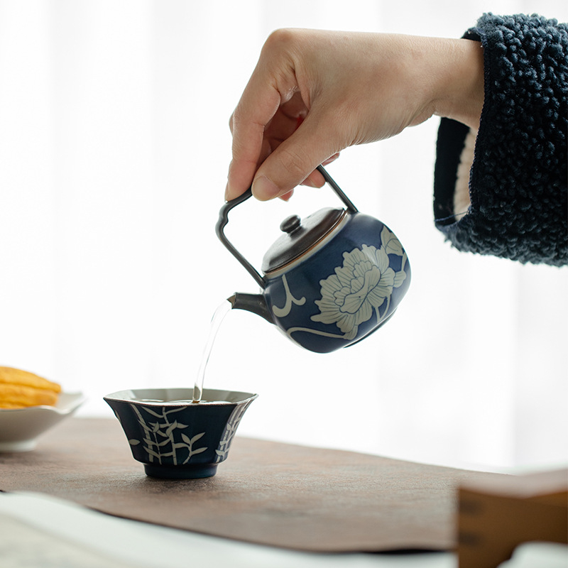 Chang Pu Ju ceainic ceramic pictat manual cu bujor, mâner de ridicare și filtru