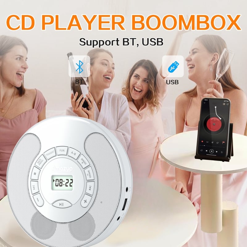 Портативен CD плеър с двойно Bluetooth и двойни стерео говорители, USB аудио възпроизвеждане