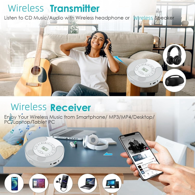Портативен CD плеър с двойно Bluetooth и двойни стерео говорители, USB аудио възпроизвеждане