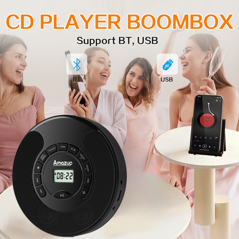 Портативен CD плеър с двойно Bluetooth и двойни стерео говорители, USB аудио възпроизвеждане