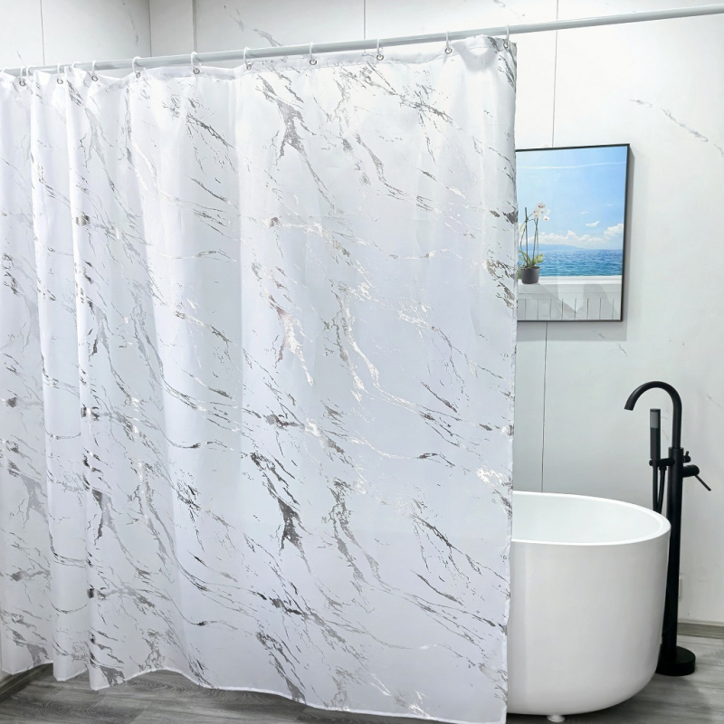 Cortină de duș impermeabilă pentru baie, cu model marmorat, accente din folie argintie și aurie, trei culori disponibile, stil Nordic, poliester
