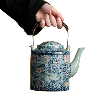 Ceainic de capacitate mare cu mâner și set de ceai cu căni în stil chinezesc – motiv floral pentru uz casnic, Gongfu set de ceai