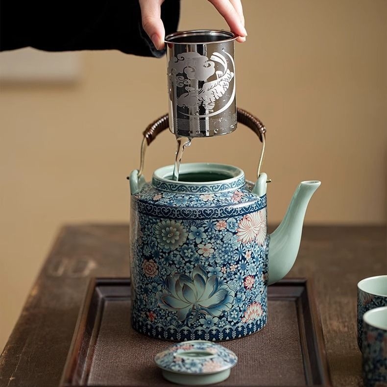 Ceainic de capacitate mare cu mâner și set de ceai cu căni în stil chinezesc – motiv floral pentru uz casnic, Gongfu set de ceai