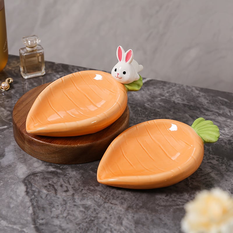 Suport ceramic pentru săpun în formă de iepure și morcov, design drăguț, drenaj pentru apă, baie