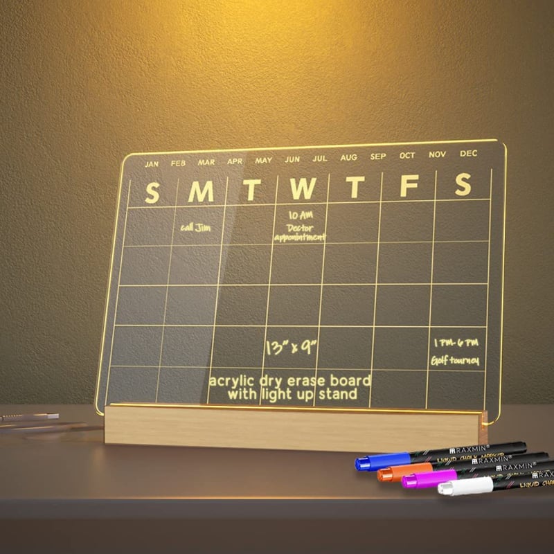 Tavă dublu‑fațată din acril cu iluminare și calendar, tablă de mesaje pentru casă