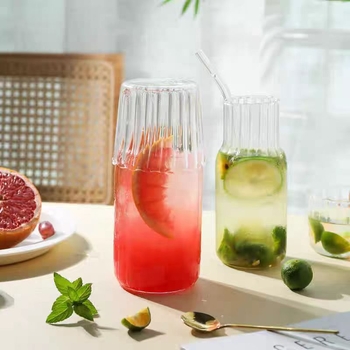 Stil japonez, dungi verticale, sticlă borosilicat transparentă, set ceainic cu capac și ceașcă, pentru sucuri, băuturi reci și ceai de fructe