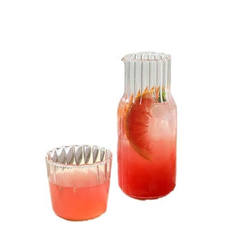 Stil japonez, dungi verticale, sticlă borosilicat transparentă, set ceainic cu capac și ceașcă, pentru sucuri, băuturi reci și ceai de fructe