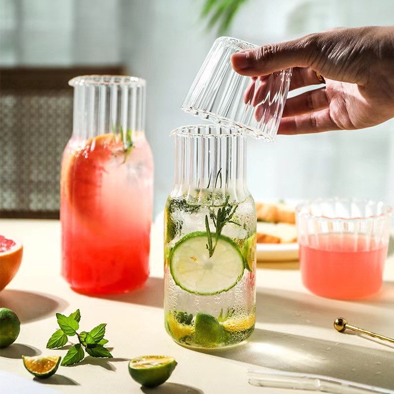 Stil japonez, dungi verticale, sticlă borosilicat transparentă, set ceainic cu capac și ceașcă, pentru sucuri, băuturi reci și ceai de fructe