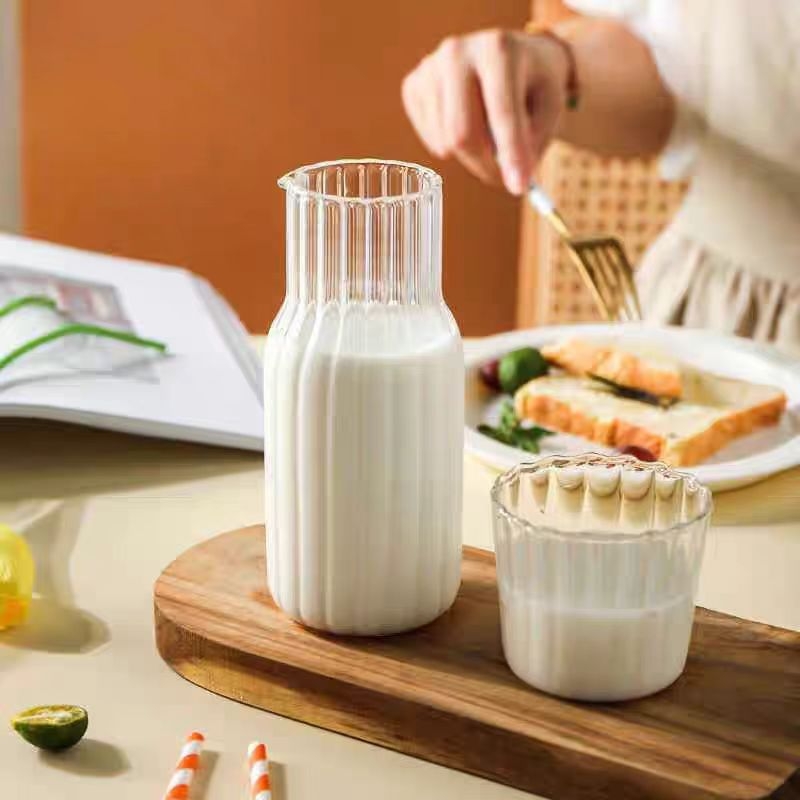 Stil japonez, dungi verticale, sticlă borosilicat transparentă, set ceainic cu capac și ceașcă, pentru sucuri, băuturi reci și ceai de fructe