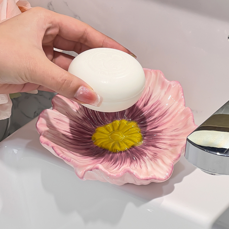 Săpunieră ceramică cu flori, drenaj pentru baie