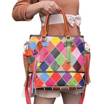 Ženska kožna bucket torba sa šarenim šivanjem, svakodnevna torba za rame ili crossbody