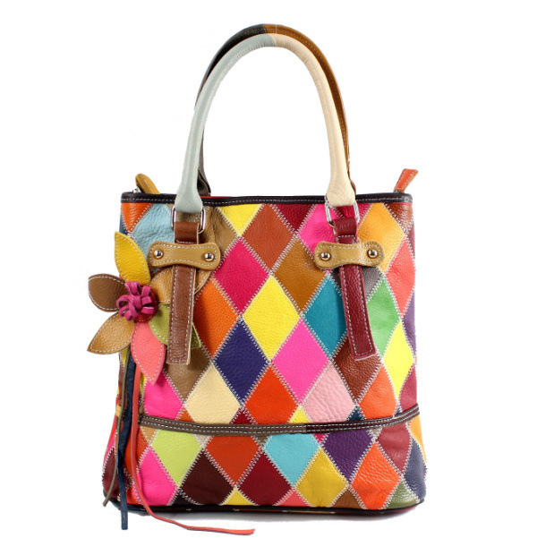 Ženska kožna bucket torba sa šarenim šivanjem, svakodnevna torba za rame ili crossbody