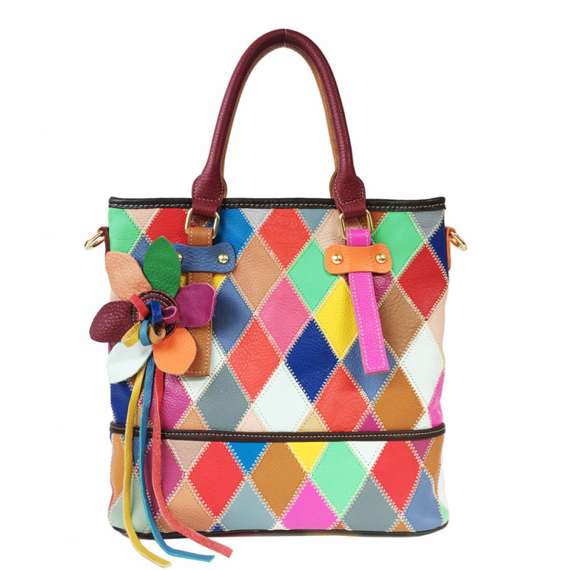 Ženska kožna bucket torba sa šarenim šivanjem, svakodnevna torba za rame ili crossbody