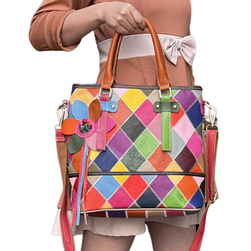 Ženska kožna bucket torba sa šarenim šivanjem, svakodnevna torba za rame ili crossbody