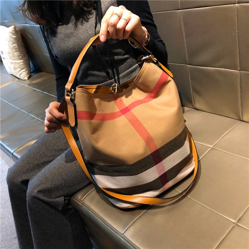 Bucket torba u francuskom stilu za žene, od Oxford platna, srednje veličine, velika kapaciteta, karirani uzorak, može se nositi u ruci, na ramenu ili crossbody