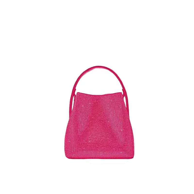 Ženska ružičasta mini crossbody torba s dijamantnim detaljima, sjajna, ljeto 2023