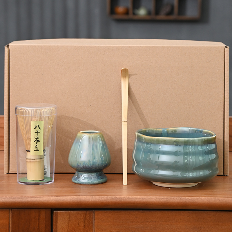 Set Matcha cu bol pentru ceai, tel de bambus, bambus alb, set de patru piese în cutie, farfurie cu flori de cireș, stil japonez