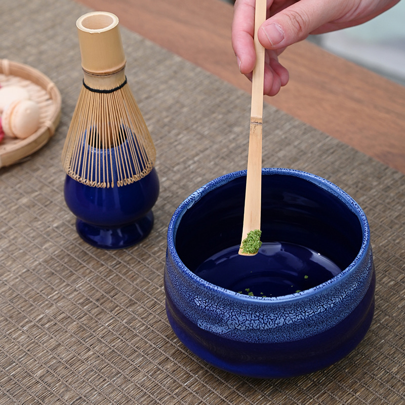 Set Matcha cu bol pentru ceai, tel de bambus, bambus alb, set de patru piese în cutie, farfurie cu flori de cireș, stil japonez