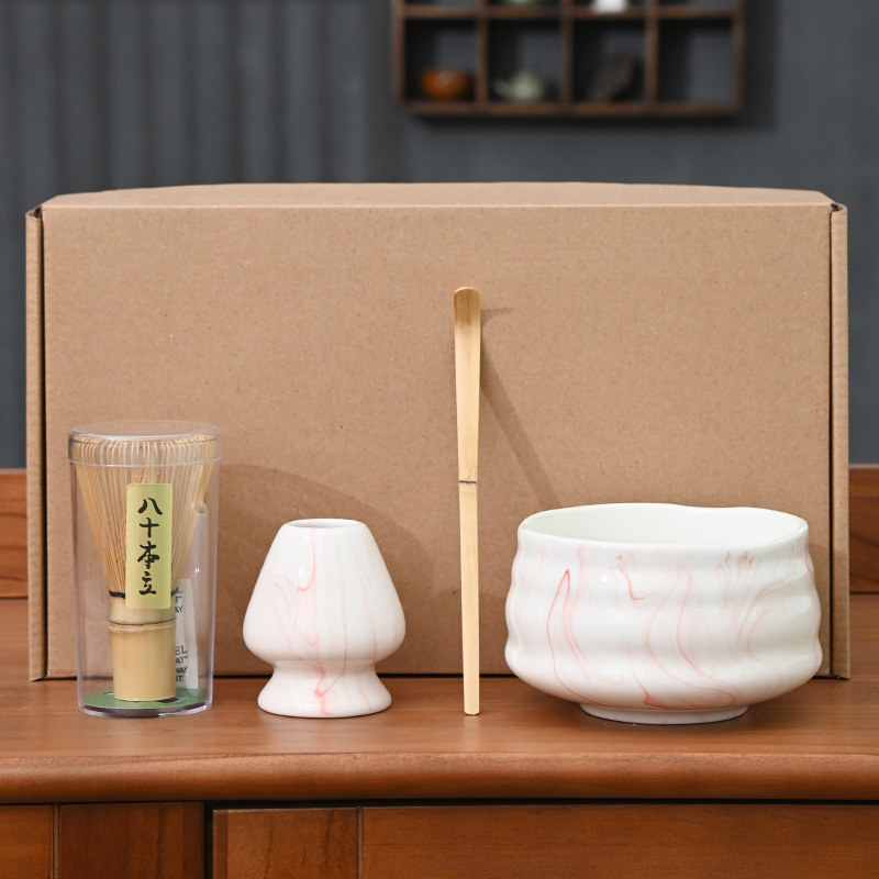 Set Matcha cu bol pentru ceai, tel de bambus, bambus alb, set de patru piese în cutie, farfurie cu flori de cireș, stil japonez