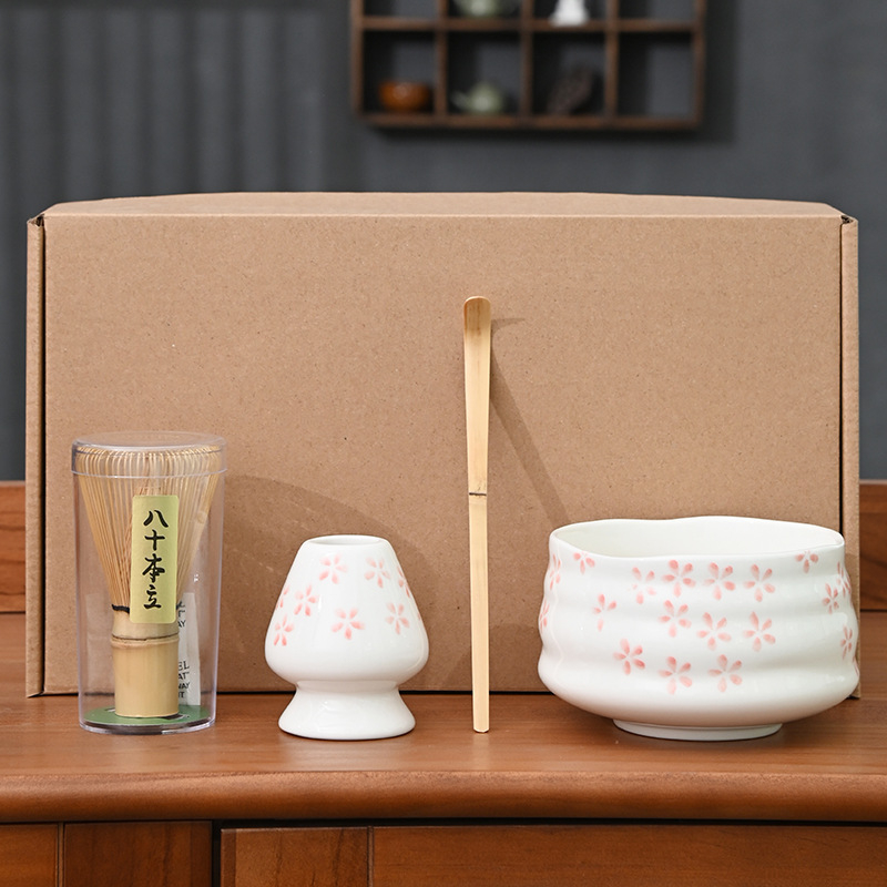 Set Matcha cu bol pentru ceai, tel de bambus, bambus alb, set de patru piese în cutie, farfurie cu flori de cireș, stil japonez