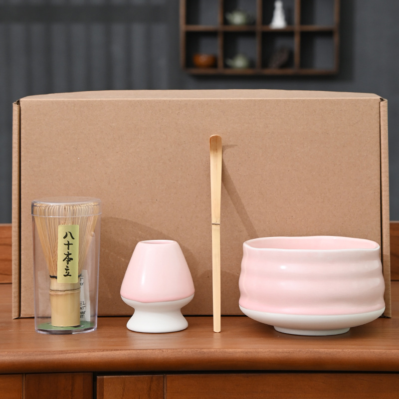 Set Matcha cu bol pentru ceai, tel de bambus, bambus alb, set de patru piese în cutie, farfurie cu flori de cireș, stil japonez