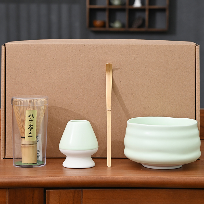 Set Matcha cu bol pentru ceai, tel de bambus, bambus alb, set de patru piese în cutie, farfurie cu flori de cireș, stil japonez