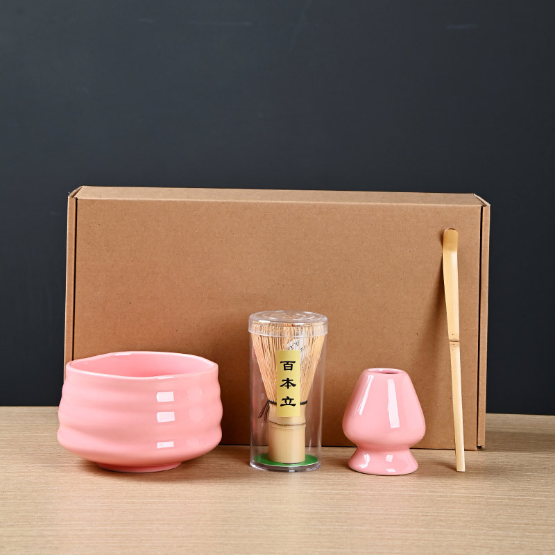 Set Matcha cu bol pentru ceai, tel de bambus, bambus alb, set de patru piese în cutie, farfurie cu flori de cireș, stil japonez