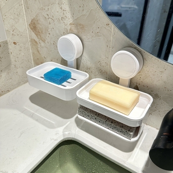 Recipient de săpun cu ventuză, montat pe perete, drenaj, fără găuri, pentru baie și balcon