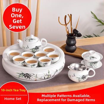 Set Chaoshan de ceai, stil Chaoshan, ceainic alb din porțelan, cești și tavă ceramică pentru ceai – pentru 6 persoane, uz casnic