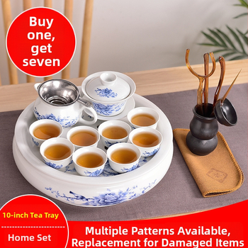 Set Chaoshan de ceai, stil Chaoshan, ceainic alb din porțelan, cești și tavă ceramică pentru ceai – pentru 6 persoane, uz casnic