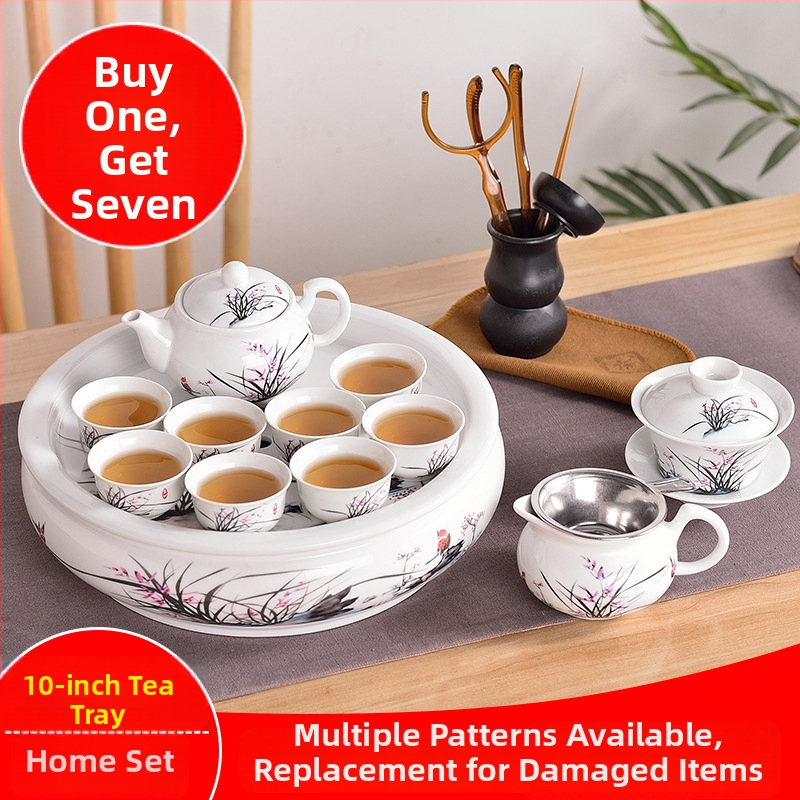 Set Chaoshan de ceai, stil Chaoshan, ceainic alb din porțelan, cești și tavă ceramică pentru ceai – pentru 6 persoane, uz casnic