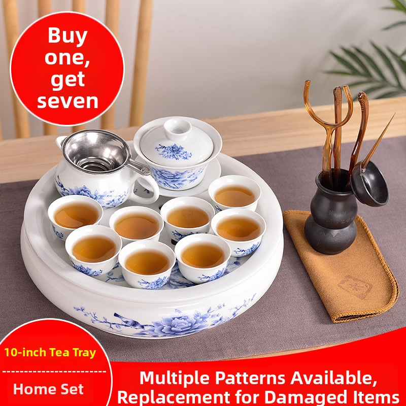Set Chaoshan de ceai, stil Chaoshan, ceainic alb din porțelan, cești și tavă ceramică pentru ceai – pentru 6 persoane, uz casnic