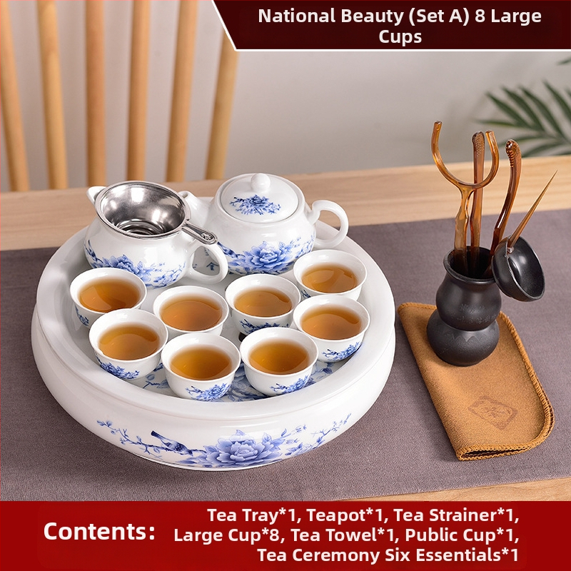 Set Chaoshan de ceai, stil Chaoshan, ceainic alb din porțelan, cești și tavă ceramică pentru ceai – pentru 6 persoane, uz casnic