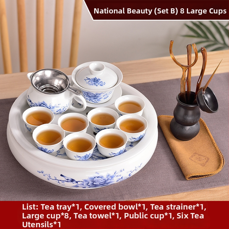 Set Chaoshan de ceai, stil Chaoshan, ceainic alb din porțelan, cești și tavă ceramică pentru ceai – pentru 6 persoane, uz casnic