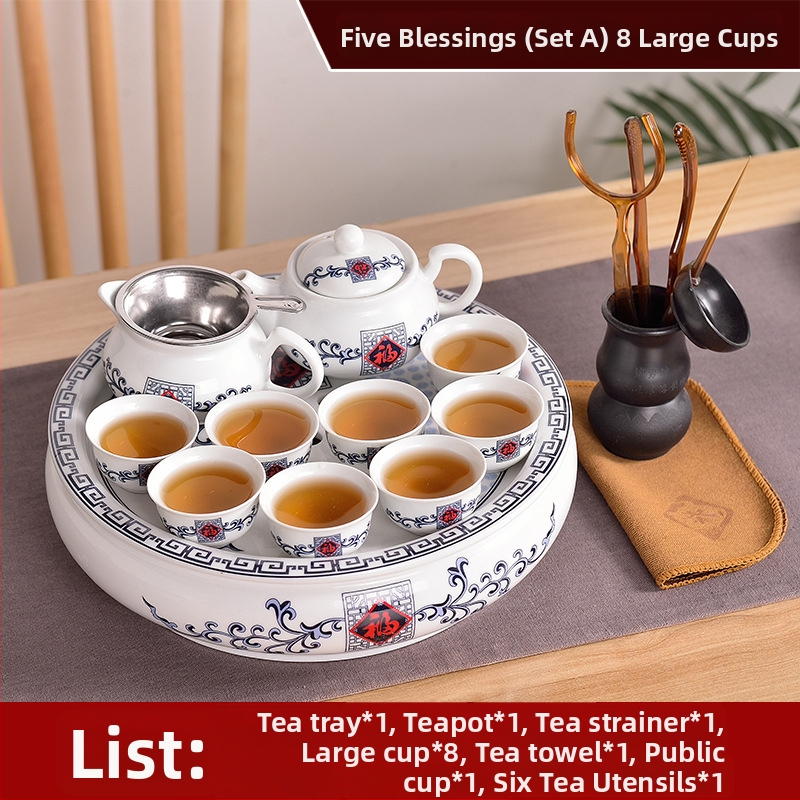 Set Chaoshan de ceai, stil Chaoshan, ceainic alb din porțelan, cești și tavă ceramică pentru ceai – pentru 6 persoane, uz casnic