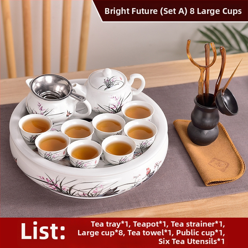 Set Chaoshan de ceai, stil Chaoshan, ceainic alb din porțelan, cești și tavă ceramică pentru ceai – pentru 6 persoane, uz casnic