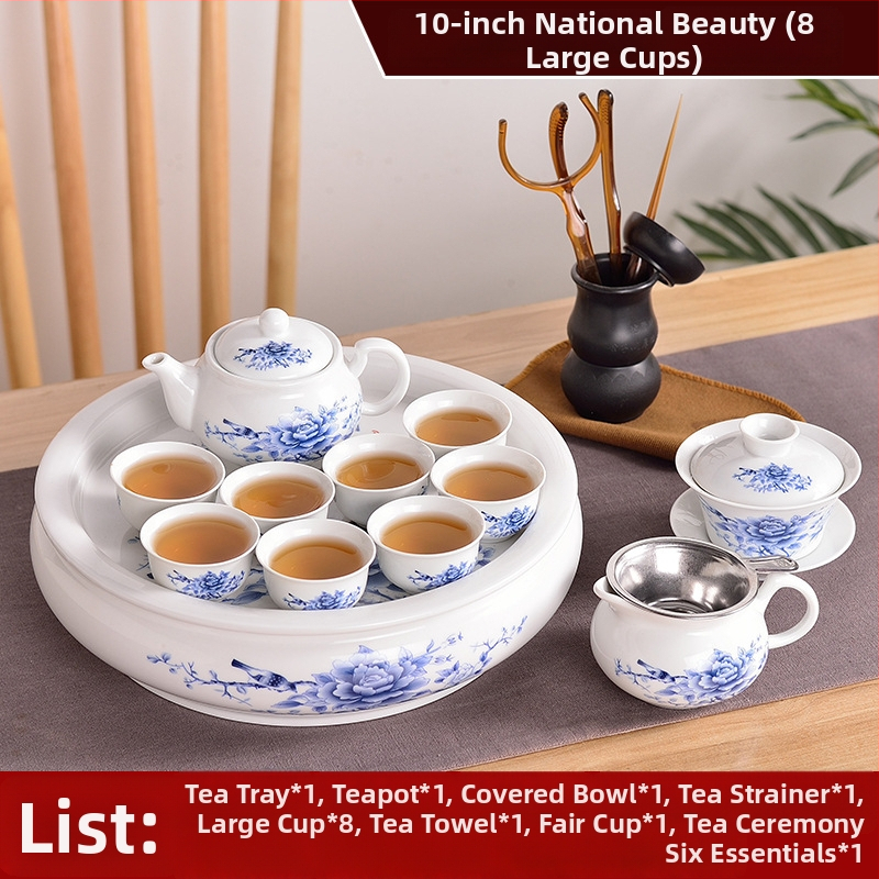Set Chaoshan de ceai, stil Chaoshan, ceainic alb din porțelan, cești și tavă ceramică pentru ceai – pentru 6 persoane, uz casnic