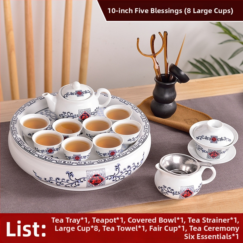 Set Chaoshan de ceai, stil Chaoshan, ceainic alb din porțelan, cești și tavă ceramică pentru ceai – pentru 6 persoane, uz casnic