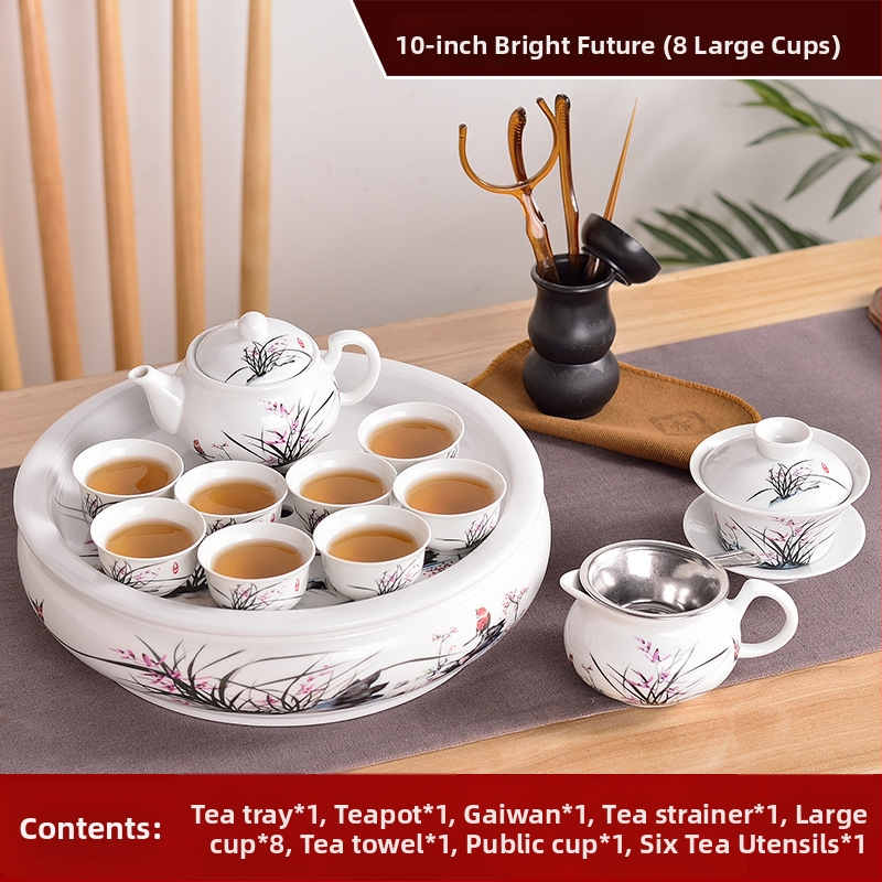 Set Chaoshan de ceai, stil Chaoshan, ceainic alb din porțelan, cești și tavă ceramică pentru ceai – pentru 6 persoane, uz casnic