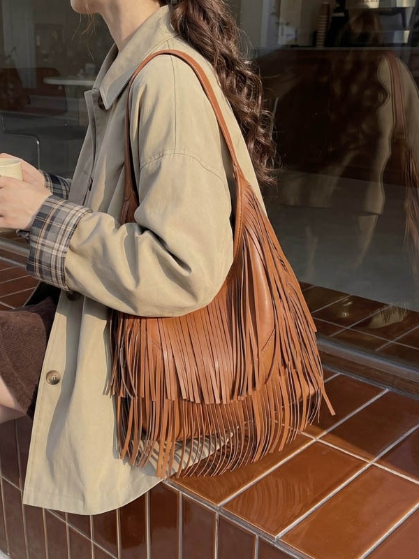 Torbica tote s retro teksturom i kićicama, europsko-američki stil, ramena torba, jednostavan dizajn, svakodnevna i poslovna upotreba, veliki kapacitet za žene