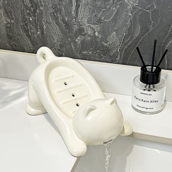 Suport pentru săpun cu drenaj, design de pisică caricatură, drăguț pentru baie
