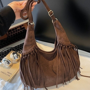 Női boho tassel velúr bucket táska, amerikai stílus, egy vállon átvetős pánttal