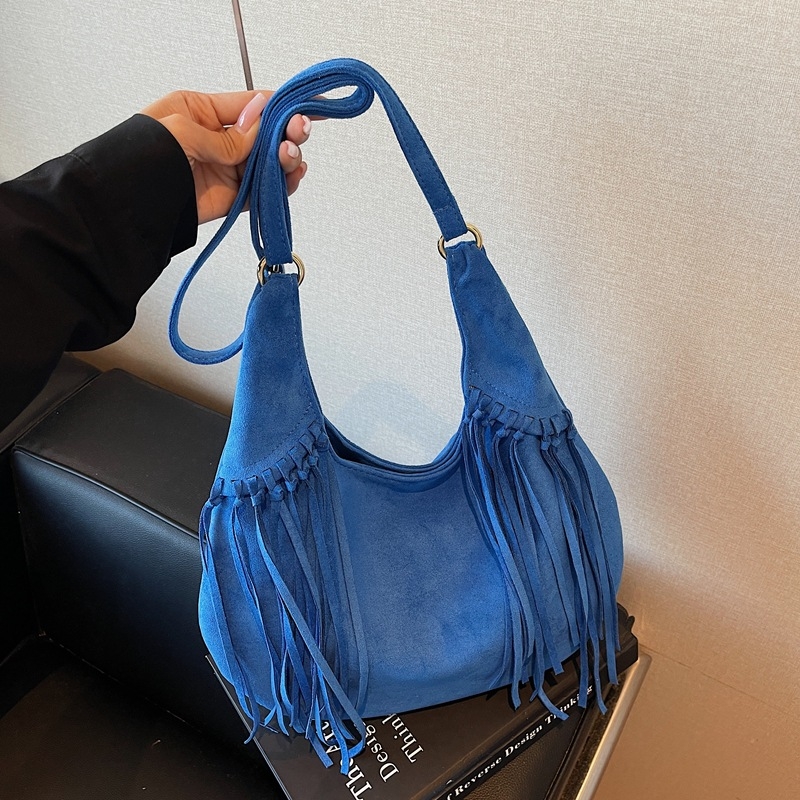 Női boho tassel velúr bucket táska, amerikai stílus, egy vállon átvetős pánttal